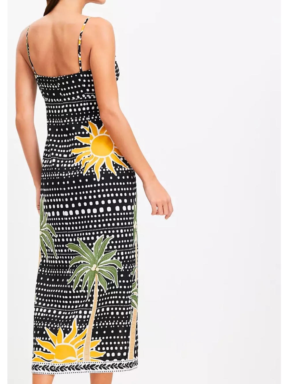 LOFT Beach Dress Womens S Black Tropical Sun Palm Linen Midi Sundress Vacation